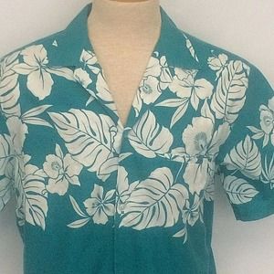 Helena's Men's Hawaiian Aloha Shirt Large Turquoise White Palms Flowers